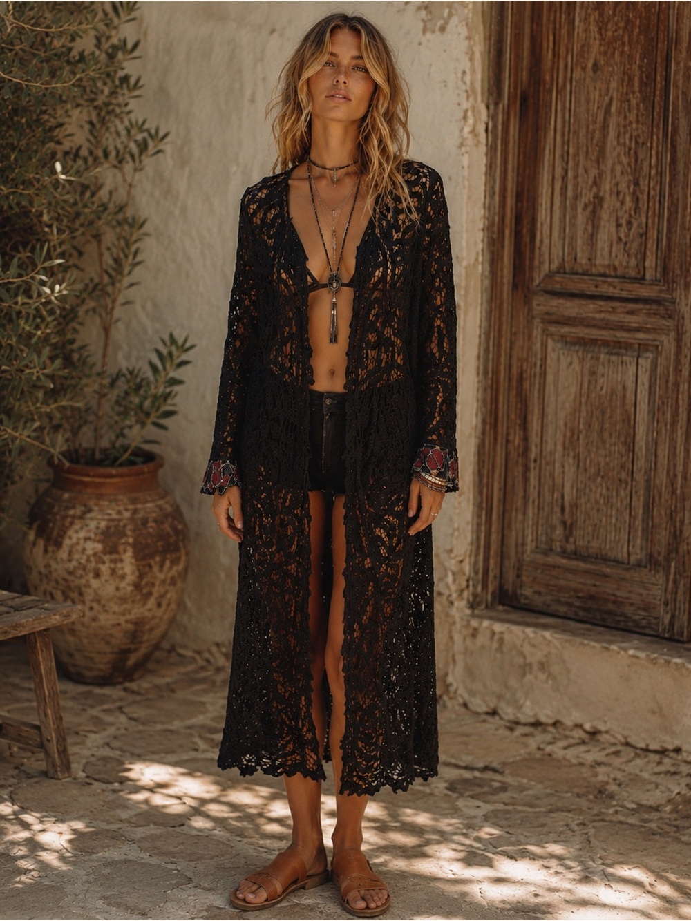 Free People Black Crochet Lace  Maxi Kimono Size Medium/Large